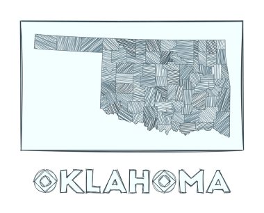 Oklahoma 'nın eskiz haritası ABD eyaletinin içi hachure dolu bölgelerinin el çizimi haritası
