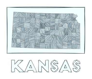 Kansas 'ın kroki haritası ABD eyaletinin el haritası. Haşhaş çizgileriyle dolu bölgeler.