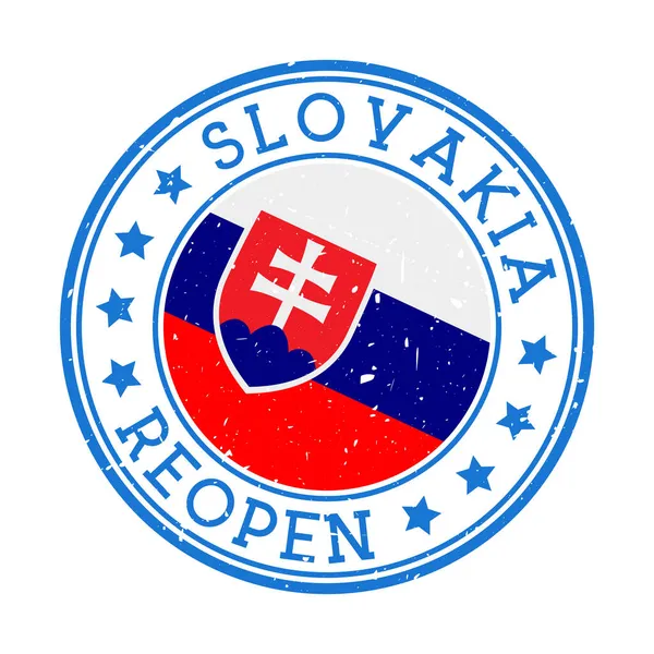 Eslováquia Reabertura Carimbo Insígnia redonda do país com bandeira da Eslováquia Reabertura após bloqueio —  Vetores de Stock