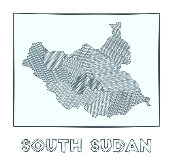 Mapa do esboço do Sudão do Sul Mapa desenhado à mão em escala de cinza do país Regiões preenchidas com hachure —  Vetores de Stock