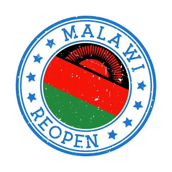 Malawi Heropening Stempel Ronde badge van het land met vlag van Malawi Heropening na lockdown teken — Stockvector