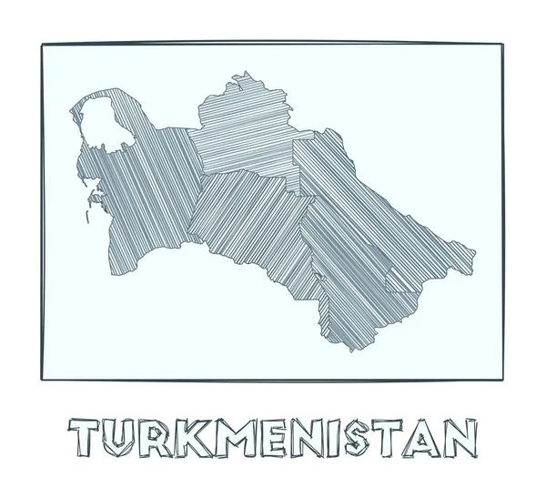 Sketch map of Turkmenistan Grayscale mapa dibujado a mano del país Regiones llenas de hachure — Archivo Imágenes Vectoriales