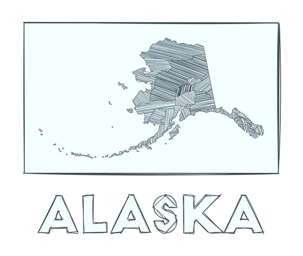 Σκιτσάρει χάρτη της Αλάσκας Grayscale χέρι σχεδιαστεί χάρτη των ΗΠΑ κατάσταση Γεμάτες περιοχές με λωρίδες hachure — Διανυσματικό Αρχείο