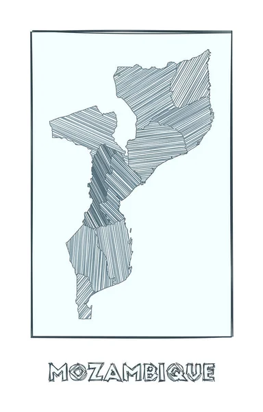 Sketch map of Mozambique Grayscale mapa dibujado a mano del país Regiones llenas de hachure — Vector de stock