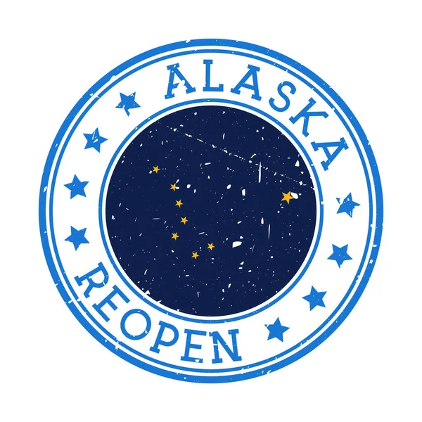 Alaska Reopening Stamp Round badge of US State with flag of Alaska Reopening after lockdown sign — Stock Vector