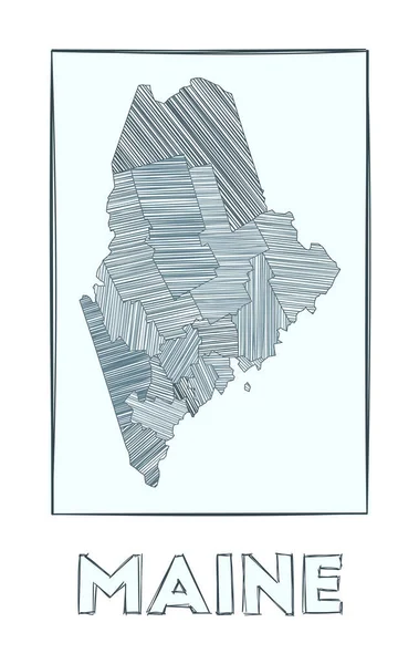 Sketch map of Maine Grayscale mapa dibujado a mano del estado de los Estados Unidos Regiones llenas de rayas de hachure — Vector de stock