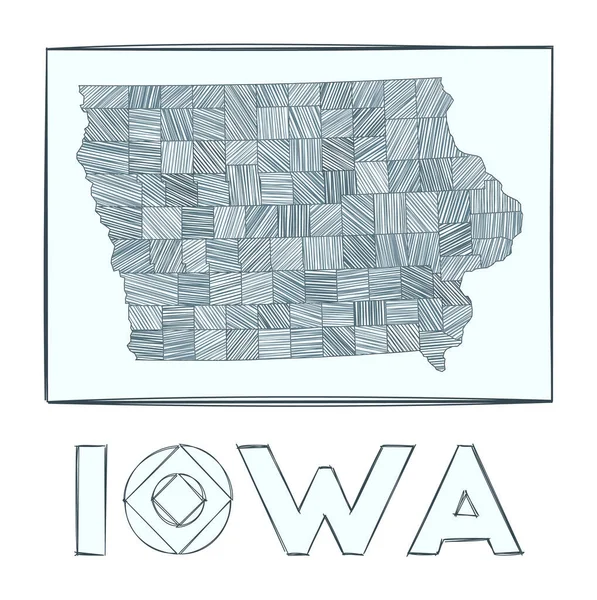 Mappa schizzo dell'Iowa Mappa disegnata a mano in scala di grigi dello stato americano Regioni piene di strisce di hachure — Vettoriale Stock