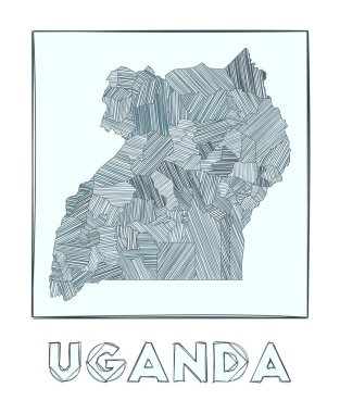Ülkenin el çizimi Uganda 'nın kroki haritası hachure çizgileriyle dolu bölgeler