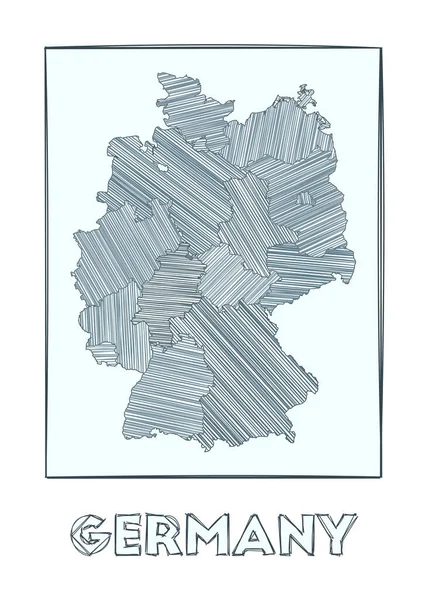 Sketch map of Germany Grayscale hand drawn map of the country Filled regions with hachure stripes — Vetor de Stock