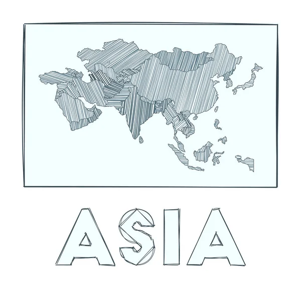 Skiss karta över Asien Grayscale handritad karta över kontinenten Fyllda regioner med hachure ränder — Stock vektor