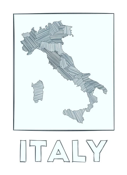 Sketch map of Italy Grayscale hand drawn map of the country Filled regions with hachure stripes — Stockový vektor