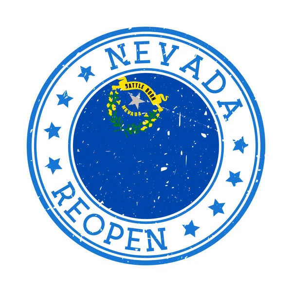 Nevada reapertura sello insignia redonda del estado de EE.UU. con la bandera de Nevada reapertura después de señal de bloqueo — Archivo Imágenes Vectoriales