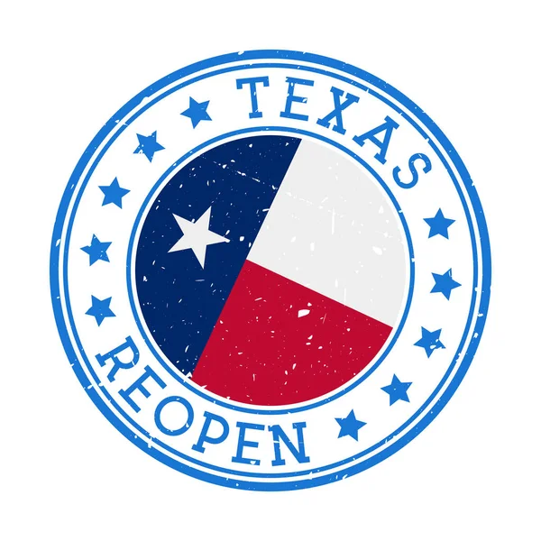 Texas Reopening Stamp Round badge of US State with flag of Texas Reopening after lockdown sign — Archivo Imágenes Vectoriales