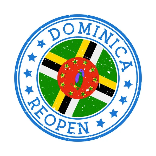 Dominica Heropening postzegel Ronde badge van het land met vlag van Dominica Heropening na lockdown — Stockvector