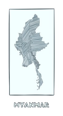 Myanmar Gri Ölçek 'in çizim haritası ülkenin el haritası hachure çizgileriyle dolu bölgeler