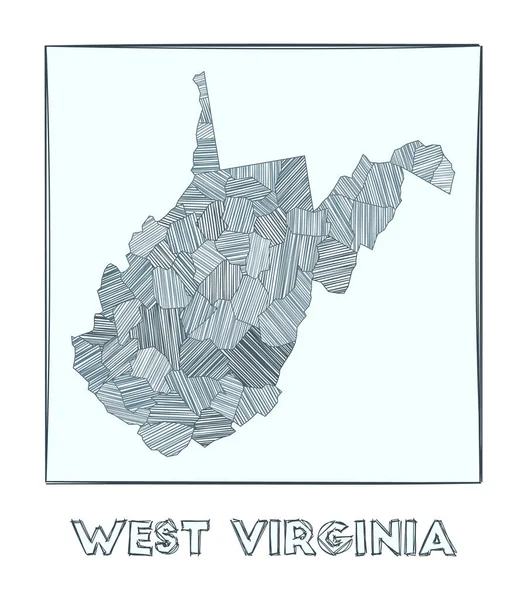 Σκίτσο χάρτη της Δυτικής Βιρτζίνια Grayscale χέρι που σχεδιάζεται χάρτη των ΗΠΑ κατάσταση Γεμάτες περιοχές με hachure — Διανυσματικό Αρχείο