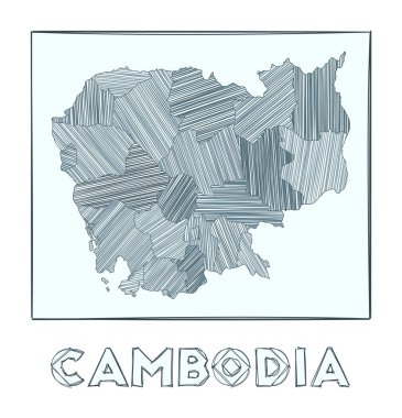 Kamboçya 'nın çizim haritası Gri Ölçek ile çizilmiş ülkenin el haritası Haşhaş dolu bölgeler