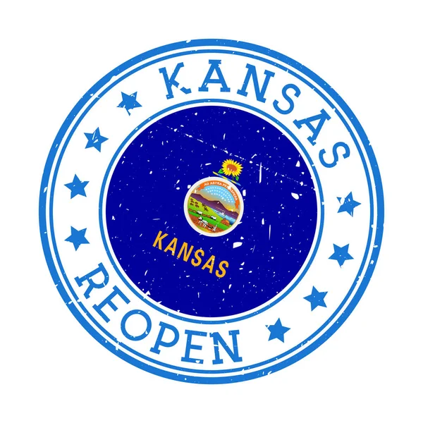 Kansas reapertura sello insignia redonda del estado de EE.UU. con la bandera de Kansas reapertura después de señal de bloqueo — Archivo Imágenes Vectoriales