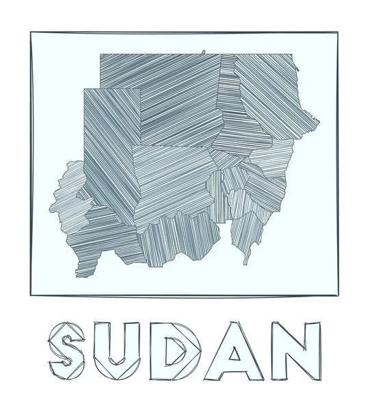 Skiss karta över Sudan Grayscale handritad karta över landet Fyllda regioner med hachure ränder — Stock vektor
