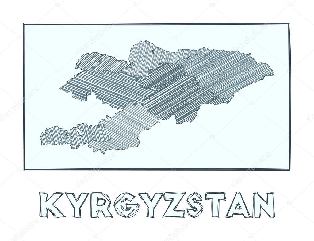 Sketch map of Kyrgyzstan Grayscale hand drawn map of the country Filled regions with hachure