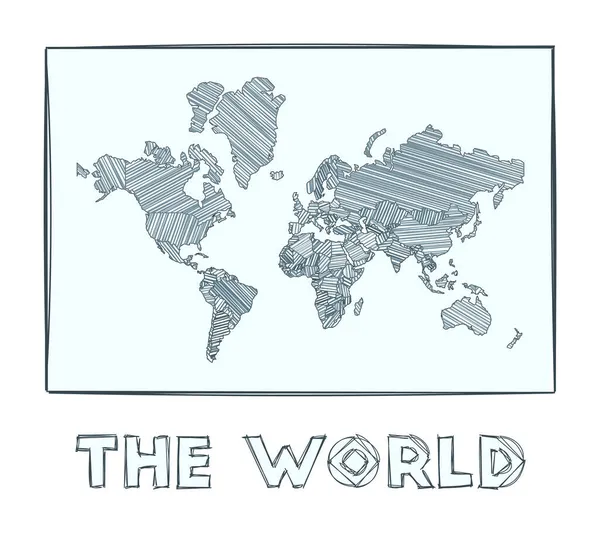 Карта мира в серой гамме, нарисованная от руки карта мира Заполненные районы с гачурными полосками — стоковый вектор