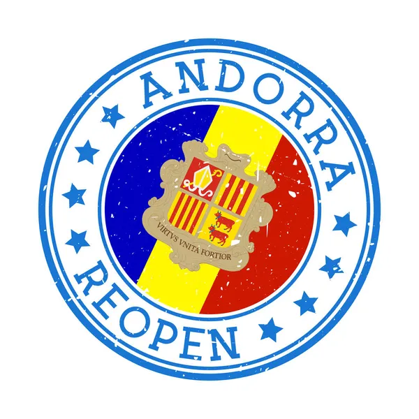 Andorra Reapertura Sello Insignia redonda del país con bandera de Andorra Reapertura tras cierre — Archivo Imágenes Vectoriales