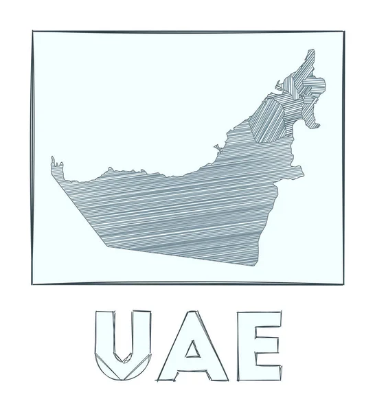 Schets kaart van de VAE Grijze schaal met de hand getekend kaart van het land Gevulde gebieden met hachure strepen — Stockvector