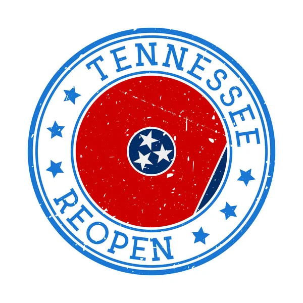 Tennessee Stemma rotondo di riapertura dello Stato degli Stati Uniti con bandiera del Tennessee Riapertura dopo l'isolamento — Vettoriale Stock