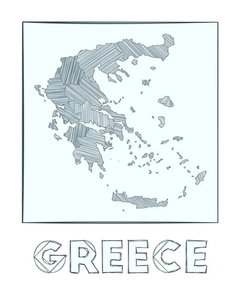 Schets kaart van Griekenland Grijze schaal met de hand getekend kaart van het land Gevulde gebieden met hachure strepen — Stockvector