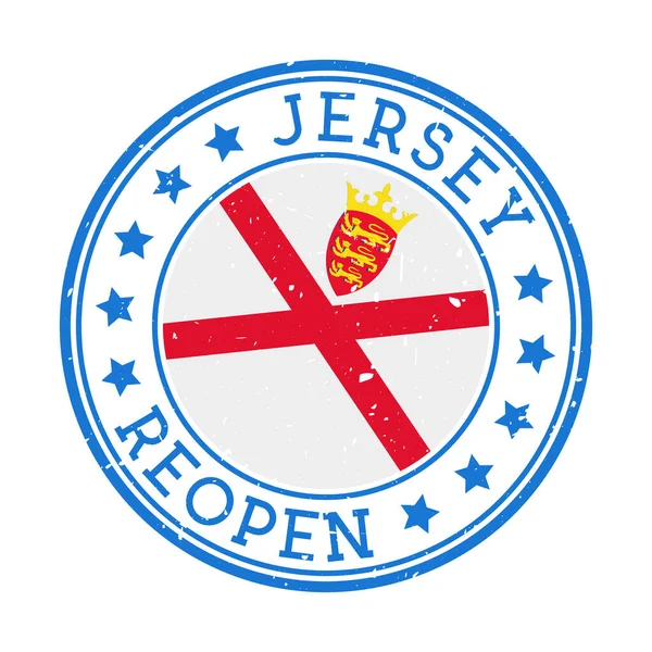 Jersey reapertura sello placa redonda del país con la bandera de Jersey reapertura después de señal de bloqueo — Archivo Imágenes Vectoriales