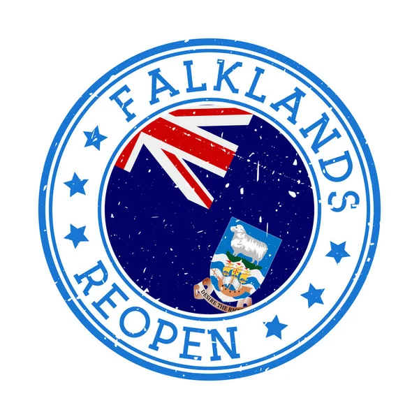 Malvinas Reapertura Sello Insignia redonda del país con bandera de Malvinas Reapertura después del bloqueo — Archivo Imágenes Vectoriales