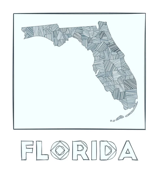 Sketch map of Florida Grayscale mapa dibujado a mano del estado de los Estados Unidos Regiones llenas de hachure — Vector de stock