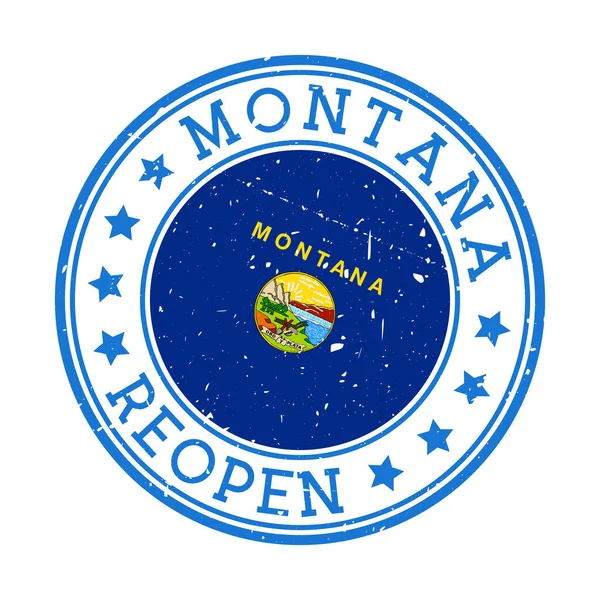 Montana reapertura sello placa redonda del estado de EE.UU. con la bandera de Montana reapertura después del bloqueo — Archivo Imágenes Vectoriales