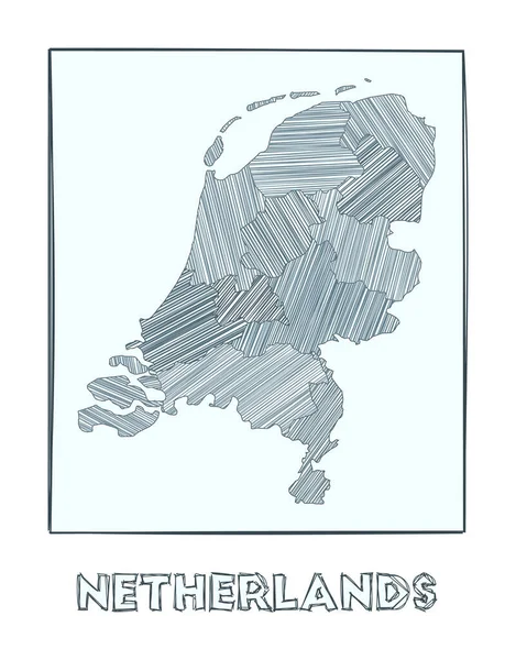 Skica map of Netherlands Grayscale ručně nakreslená mapa země Plné regiony s hachure — Stockový vektor