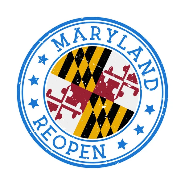 Maryland Reapertura Stamp Round badge of US State with flag of Maryland Reapertura después del bloqueo — Vector de stock