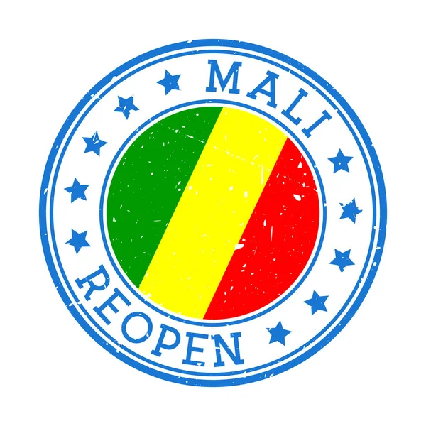 Mali Wiedereröffnung Briefmarke Rundabzeichen des Landes mit Flagge von Mali Wiedereröffnung nach Sperrschild — Stockvektor