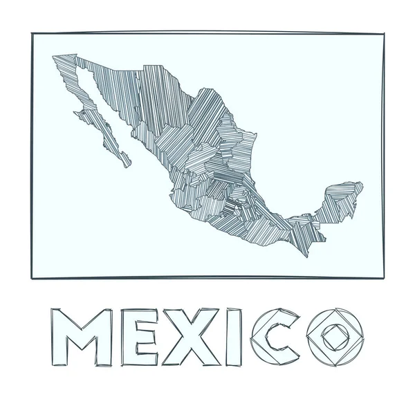 Sketch map of México Grayscale mapa dibujado a mano del país Regiones llenas de rayas de hachure — Archivo Imágenes Vectoriales