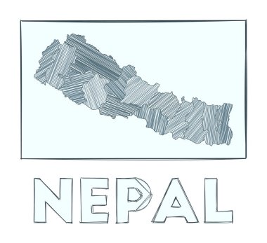 Ülkenin el çizimi Nepal Gri Ölçek haritası. Haşhaş çizgileriyle dolu bölgeler.