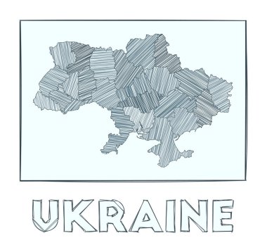 Ülkenin el çizimi Ukrayna 'nın kroki haritası hachure çizgileriyle dolu bölgeler