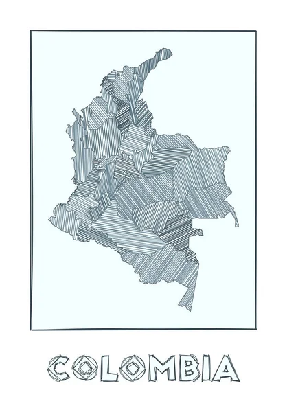 Mapa do esboço da Colômbia Mapa desenhado à mão em escala de cinza do país Regiões preenchidas com hachure —  Vetores de Stock