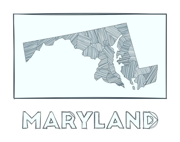 Sketch map of Maryland Grayscale mapa dibujado a mano del estado de los Estados Unidos Regiones llenas de hachure — Archivo Imágenes Vectoriales