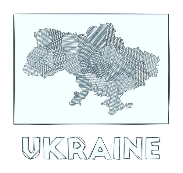 Sketch mapa de Ucrania Escala de grises mapa dibujado a mano del país Las regiones llenas de rayas de hachure — Vector de stock