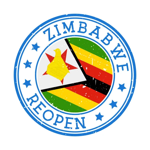Zimbabwe Riapertura Francobollo Bandiera rotonda del paese con la bandiera dello Zimbabwe Riapertura dopo l'isolamento — Vettoriale Stock