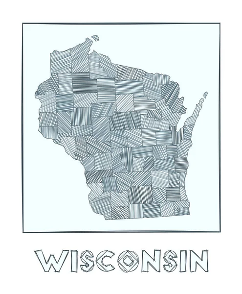 Skica map Wisconsinu Grayscale ručně nakreslená mapa státu USA Plné regiony s hachure — Stockový vektor