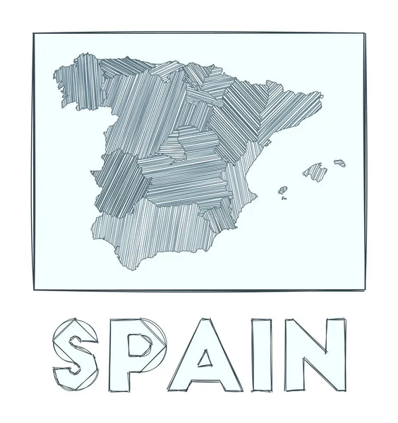 Boceto mapa de España Escala de grises mapa dibujado a mano del país Regiones llenas de rayas de hachure — Vector de stock