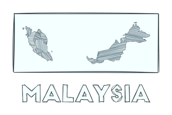 Sketch map of Malaysia Grayscale hand drawn map of the country Filled regions with hachure — Vector de stock