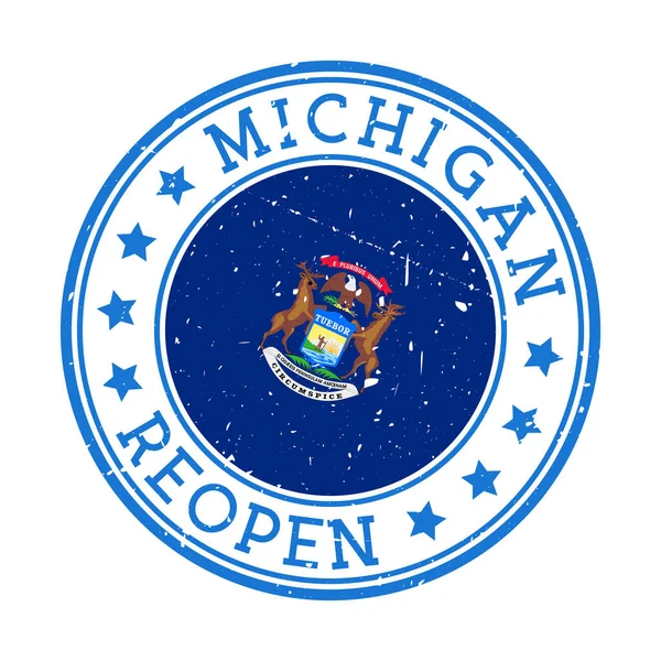 Michigan Reabertura Carimbo Rodada emblema do Estado dos EUA com bandeira de Michigan Reabertura após bloqueio — Vetor de Stock