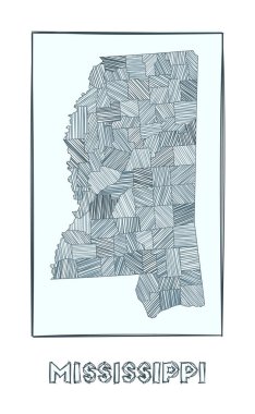 Mississippi 'nin kroki haritası. ABD eyaletinin el haritası. Haşhaş dolu bölgeler.