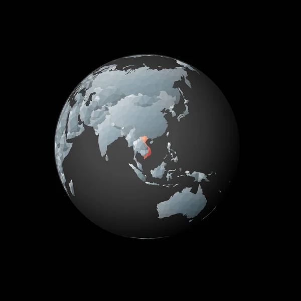 Низкий поли-глобус с центром во Вьетнаме Красная многоугольная страна на земном шаре Спутниковый вид Вьетнама — стоковый вектор