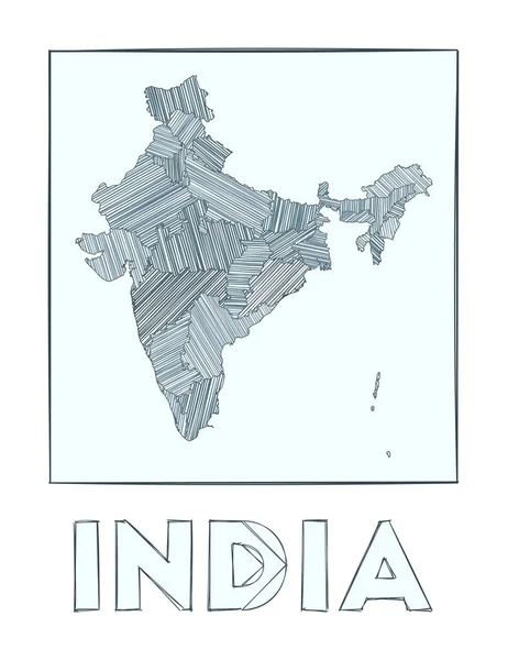 Carte croquis de l'Inde Carte dessinée à la main en niveaux de gris du pays Régions remplies de bandes de hachure — Image vectorielle